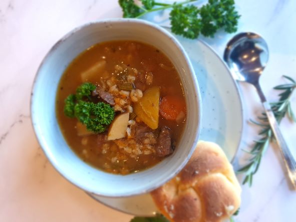 beef, barley and vegetable soup and bread roll